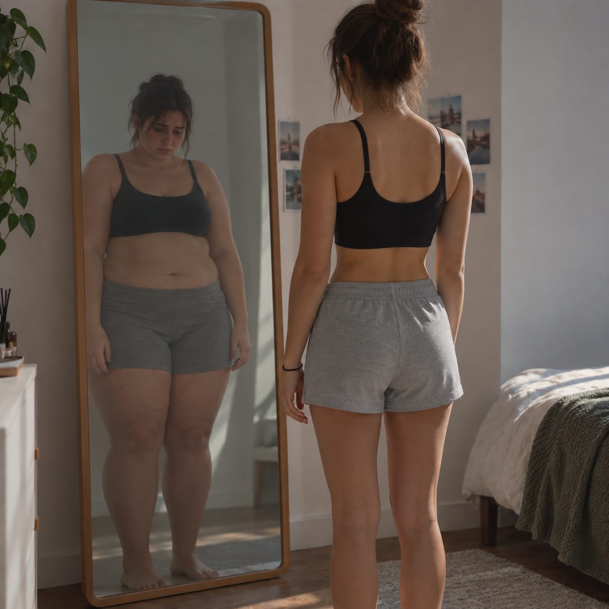 Una persona se mira en el espejo y percibe su imagen corporal de forma diferente