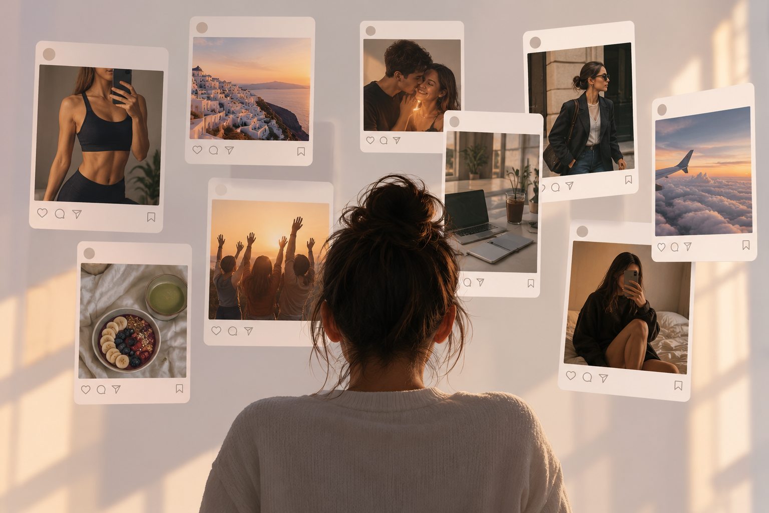 Persona observando una selección de imágenes de viajes, relaciones, trabajo, alimentación y apariencia en redes sociales