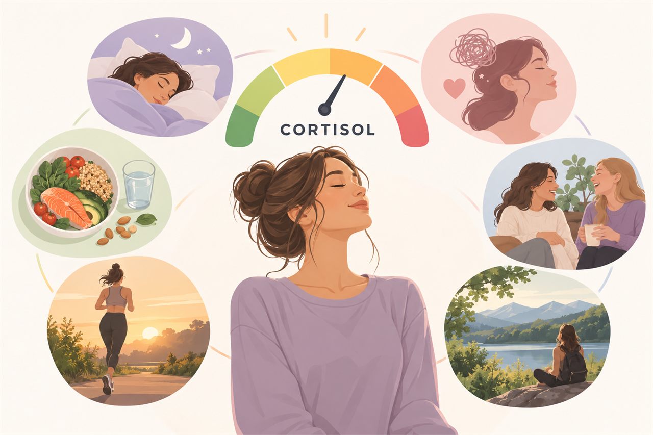 Persona en calma rodeada de sueño, alimentación, movimiento y relaciones mientras se representa el cortisol