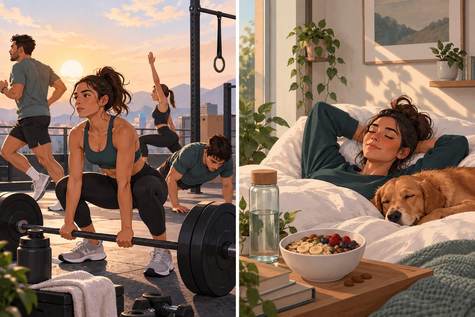 Personas entrenando y descansando como partes del mismo proceso