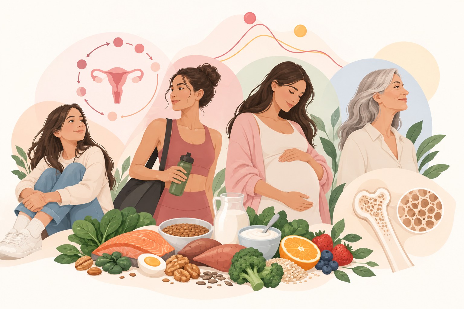 Mujeres en diferentes etapas de la vida rodeadas de alimentos y referencias al ciclo menstrual