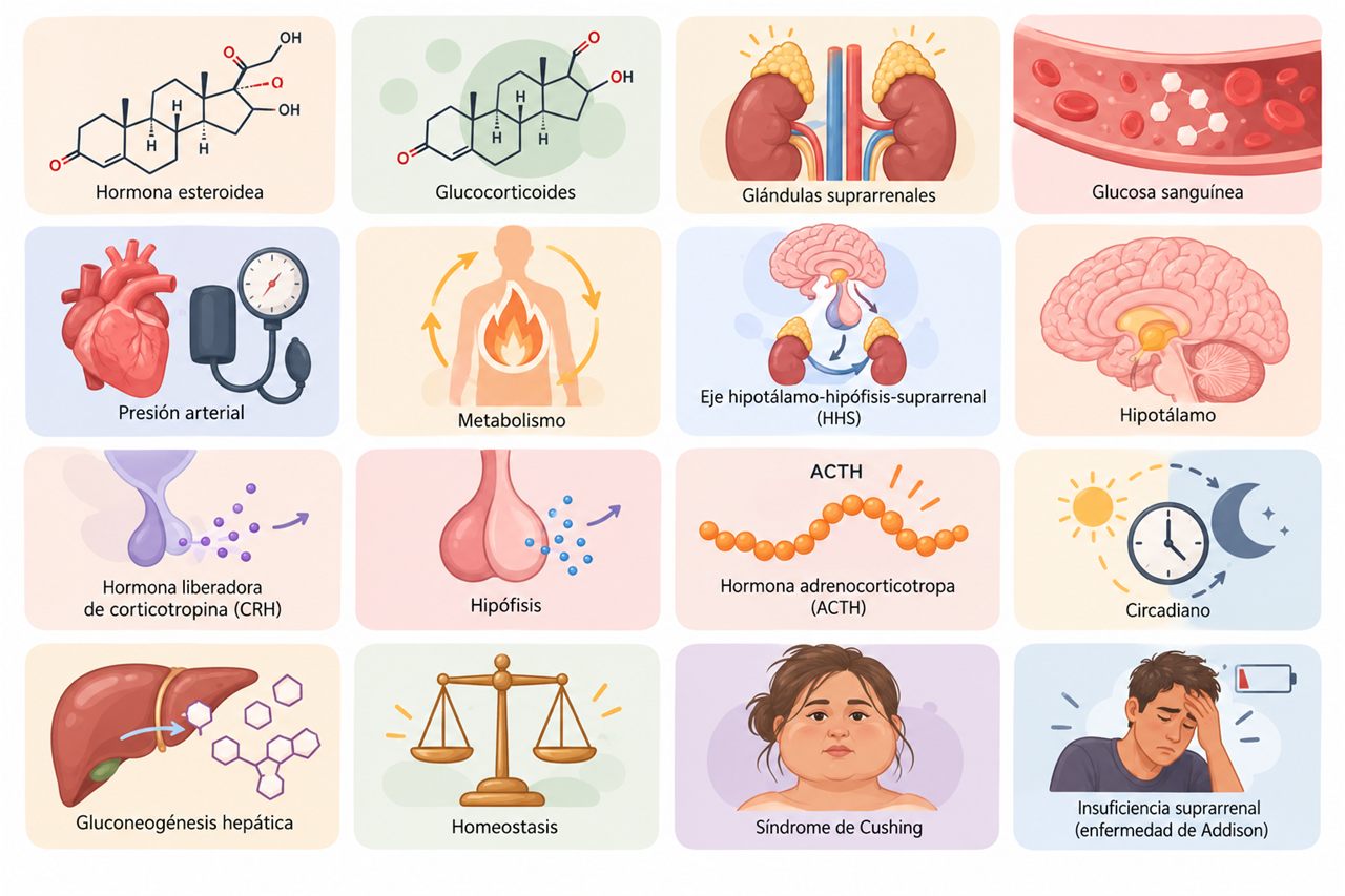 Glosario visual con 16 conceptos relacionados con el cortisol